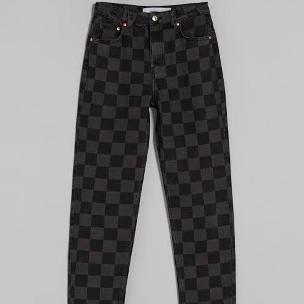 Bershka High Rise Checkerboard Jeans in Black